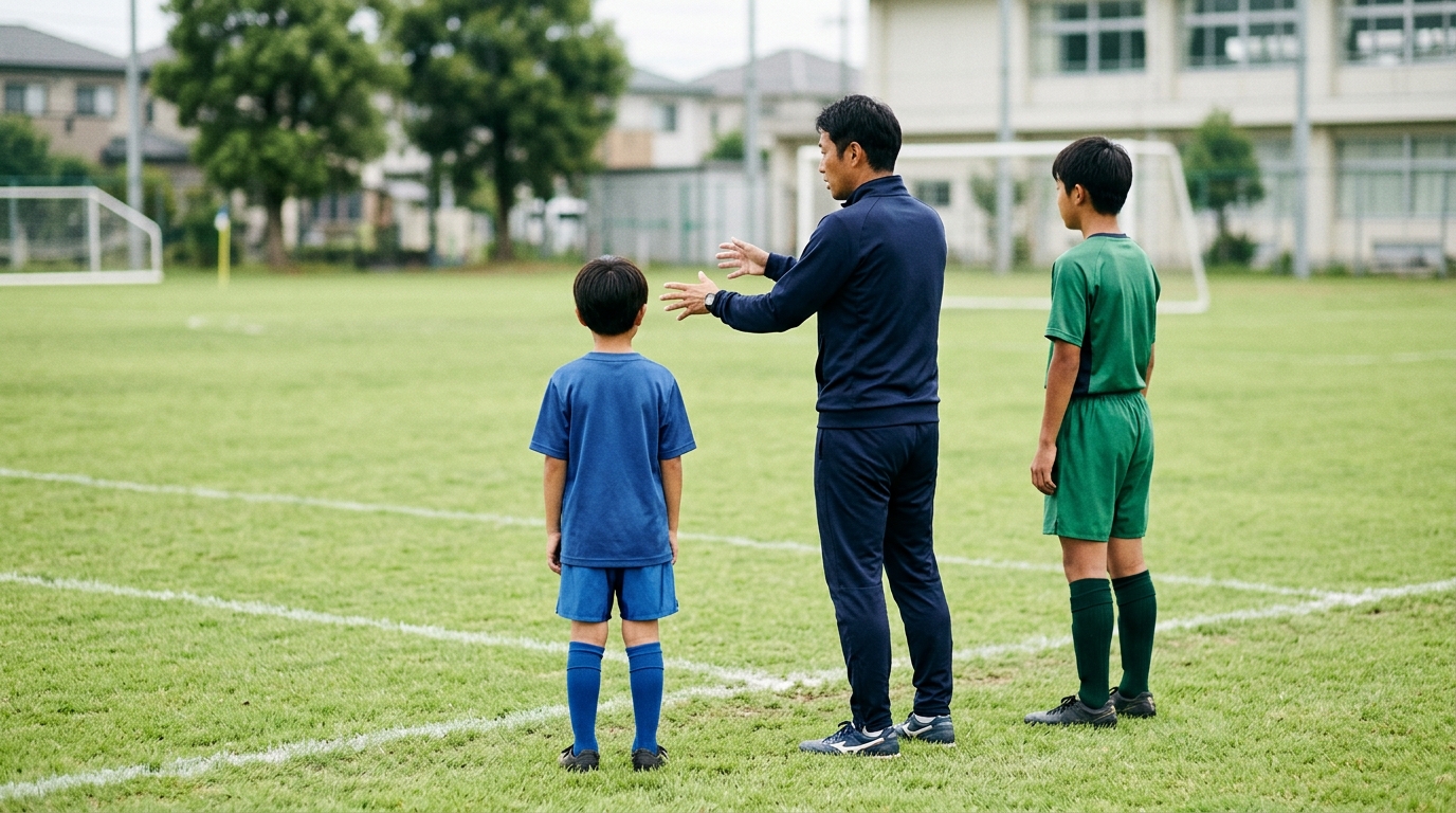 サッカーコートの広さを確認するため、少年サッカーのピッチに立つ男性選手の視点をイメージした画像