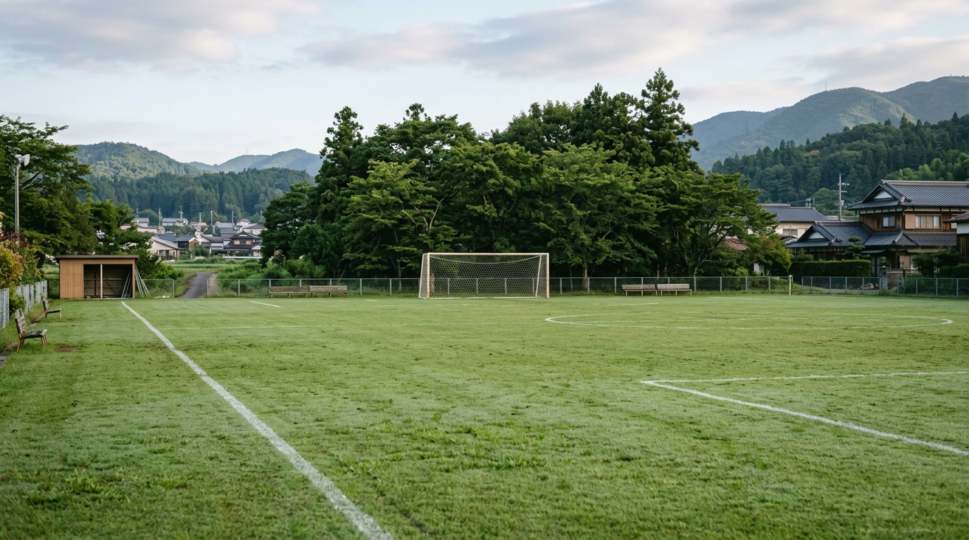 サッカーの試合前の緊張感や心の準備をイメージさせるグラウンド風景画像