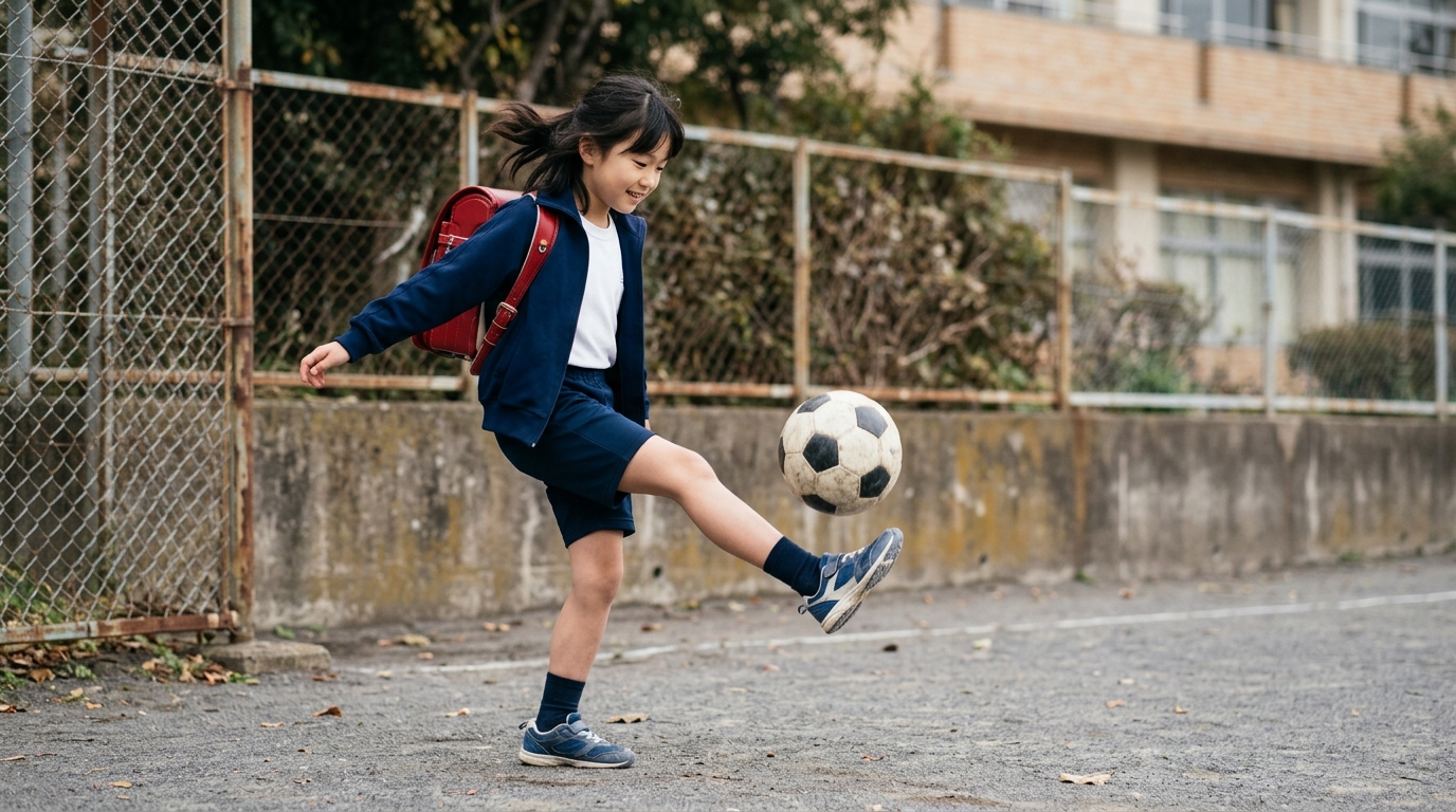 サッカー上手くなる自主練を意識し、放課後に反復トレーニングへ取り組む少女選手のイメージ画像