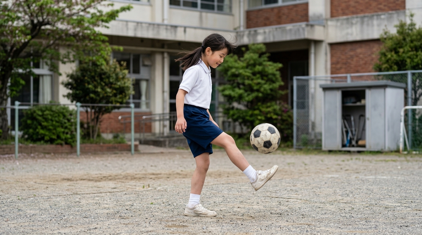 サッカー室内練習ボールなしでできるトレーニングに取り組み、俊敏性を高める少女選手のイメージ画像