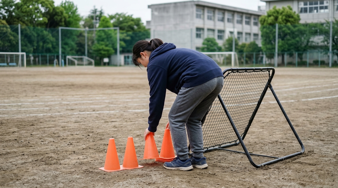室内サッカーシューズの選び方を考え、体育館で安全にトレーニングする少女選手を表したイメージ画像