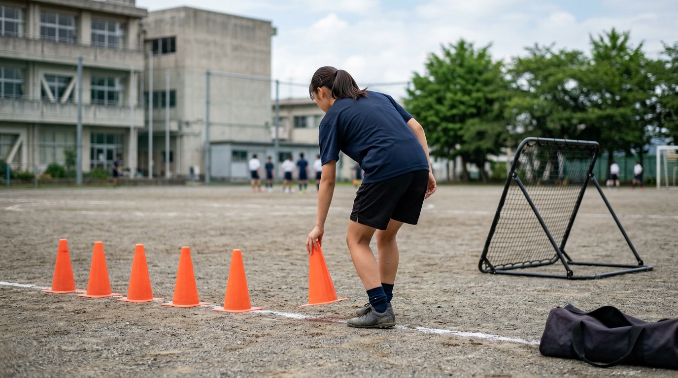 サッカーで黒いサッカースパイクを選び、暑い日の練習前に用具を整える少女選手を表したイメージ画像