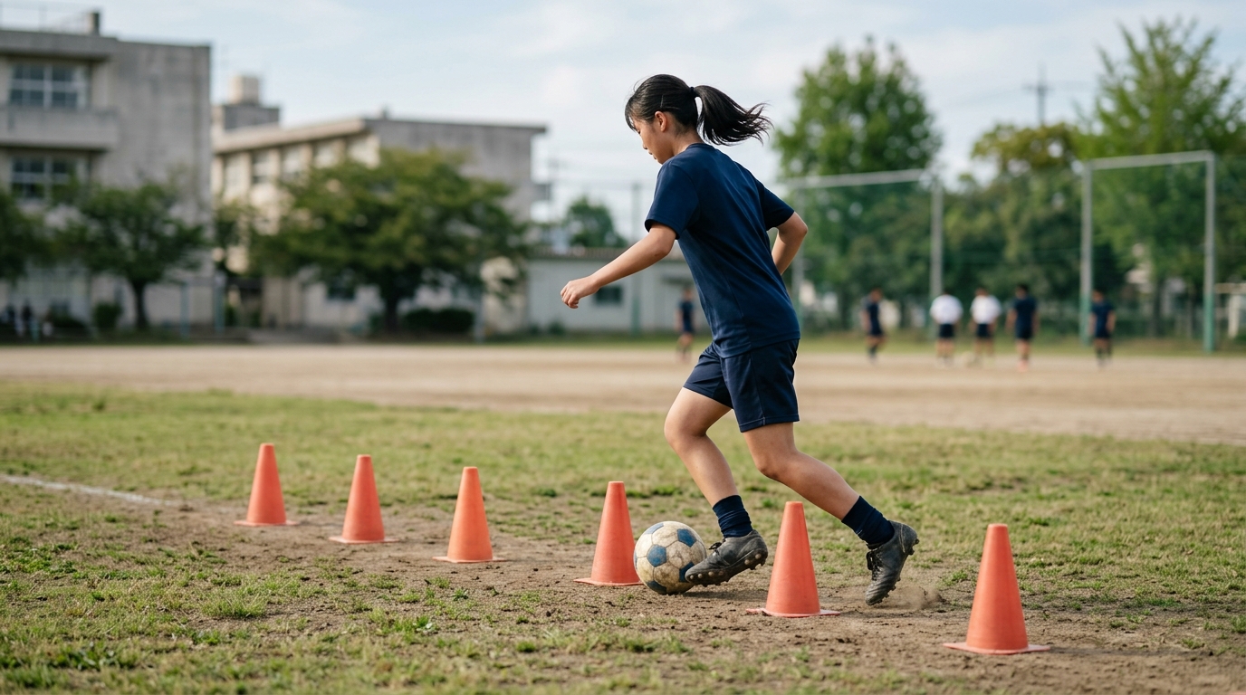 バクネ 中学生サッカー選手への使い方を確認し、成長期の体調管理を意識する少女選手のイメージ画像