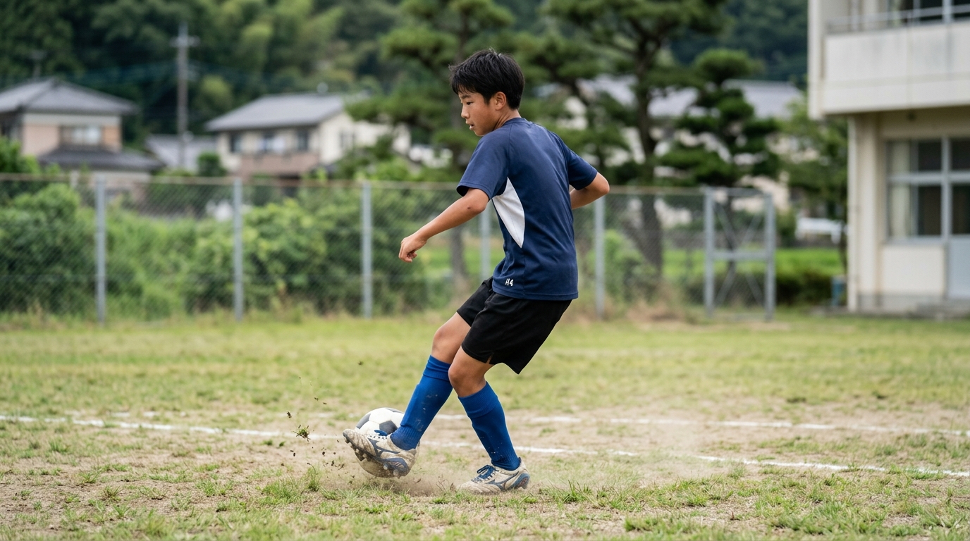 ボレーシュートのコツと練習方法を意識しながら、繰り返しシュート練習に取り組む少年選手のイメージ画像
