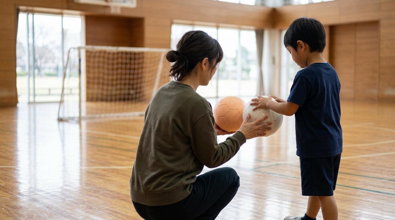 室内用サッカーボールの選び方を参考に、母親と少女が用途に合ったボールを楽しみながら選んでいる様子を表すイメージ画像