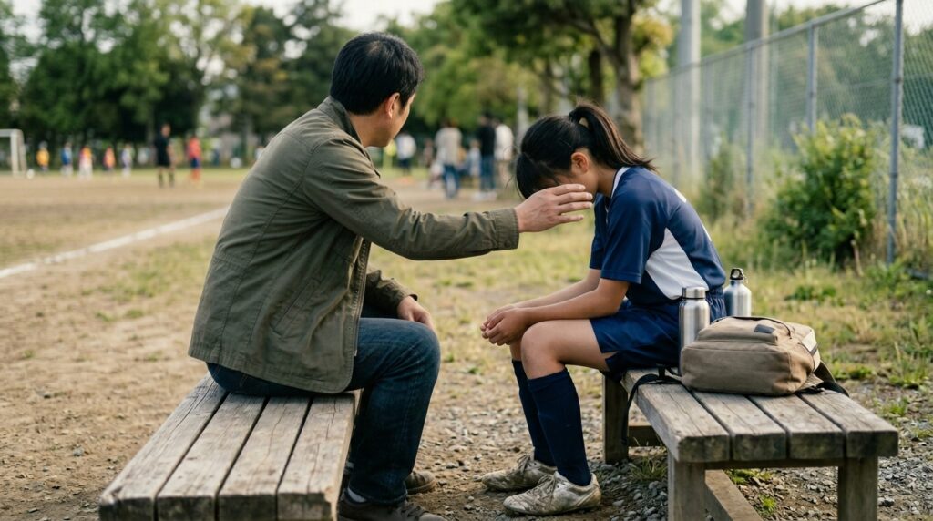 少年少女サッカーで部活退会時の保護者連絡や親子の会話を表すイメージ画像