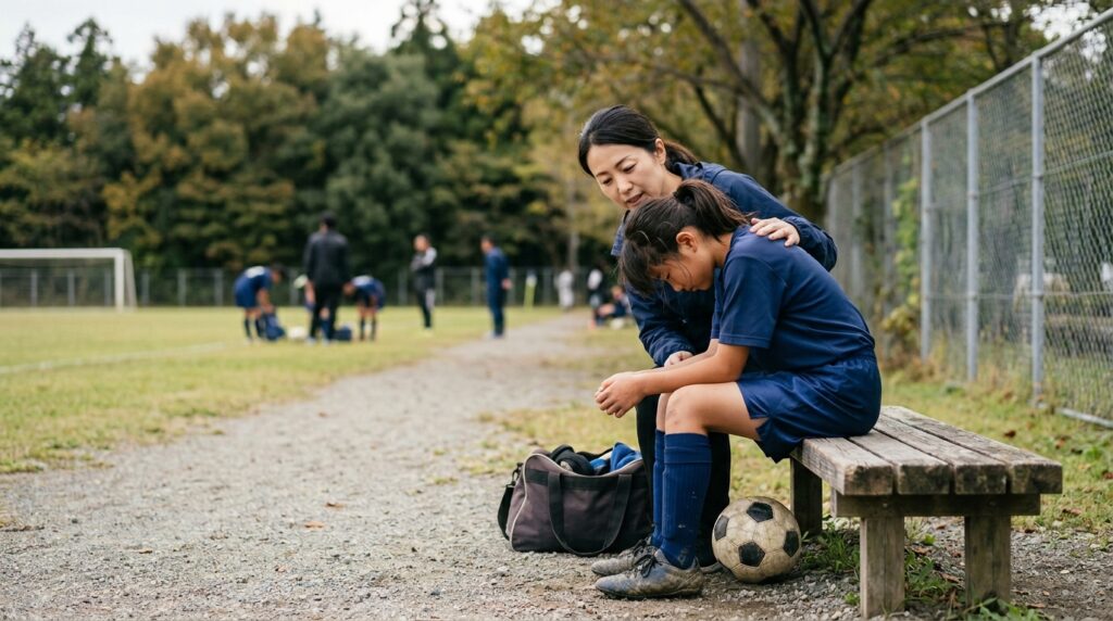 少年少女サッカーで試合に出られない子への声かけや親子の支え合いを表すイメージ画像