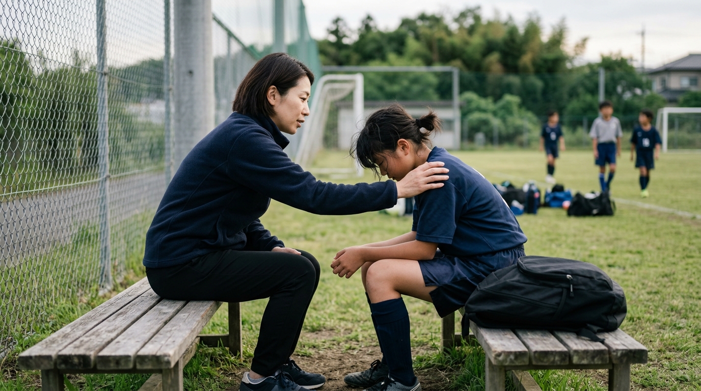 試合に出れない子にかける言葉を意識し、前向きな会話をする親子を表したイメージ画像