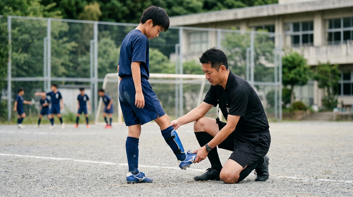 オフサイドの旗はいつあげるのかを理解するため、副審の動きを確認する少年選手のイメージ画像