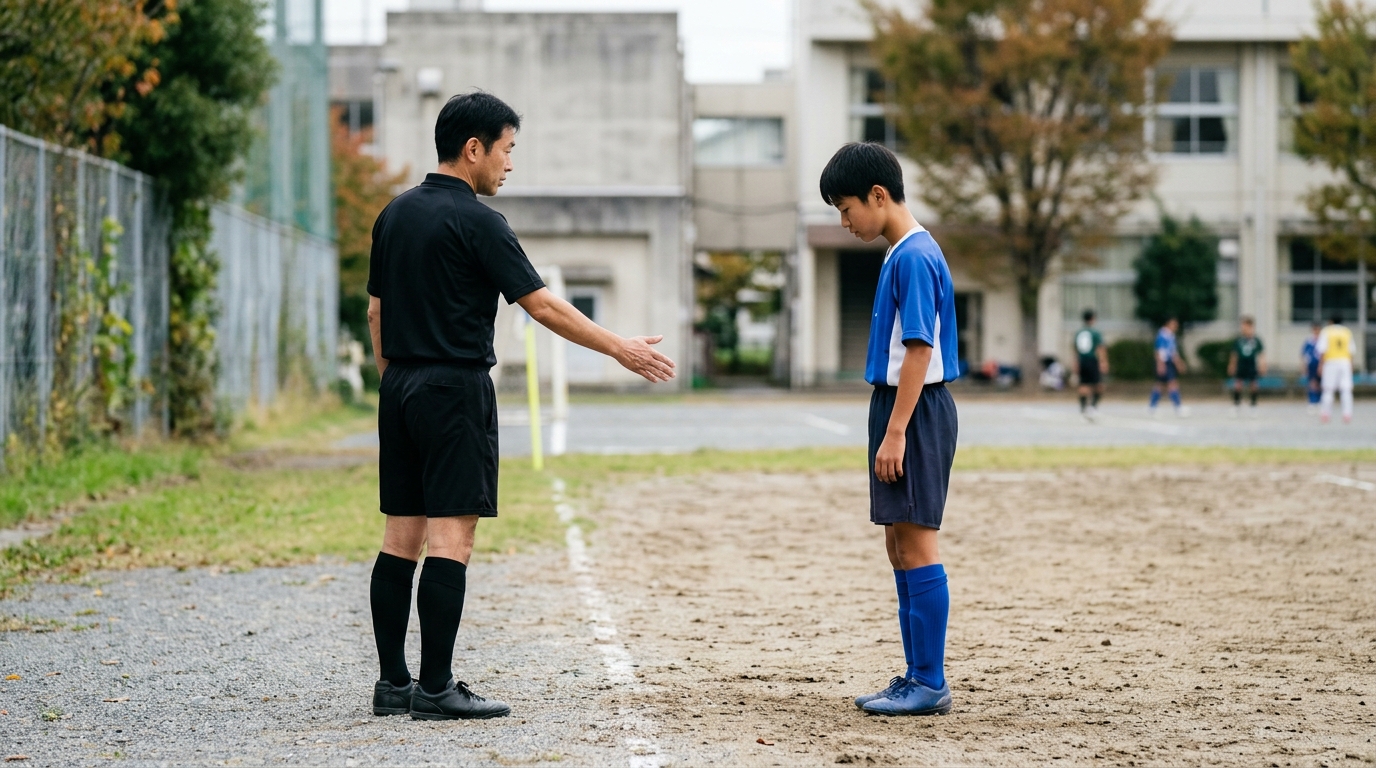 オフサイド ディフェンスがいない場面を理解するため、試合中の動きを確認する少年選手のイメージ画像