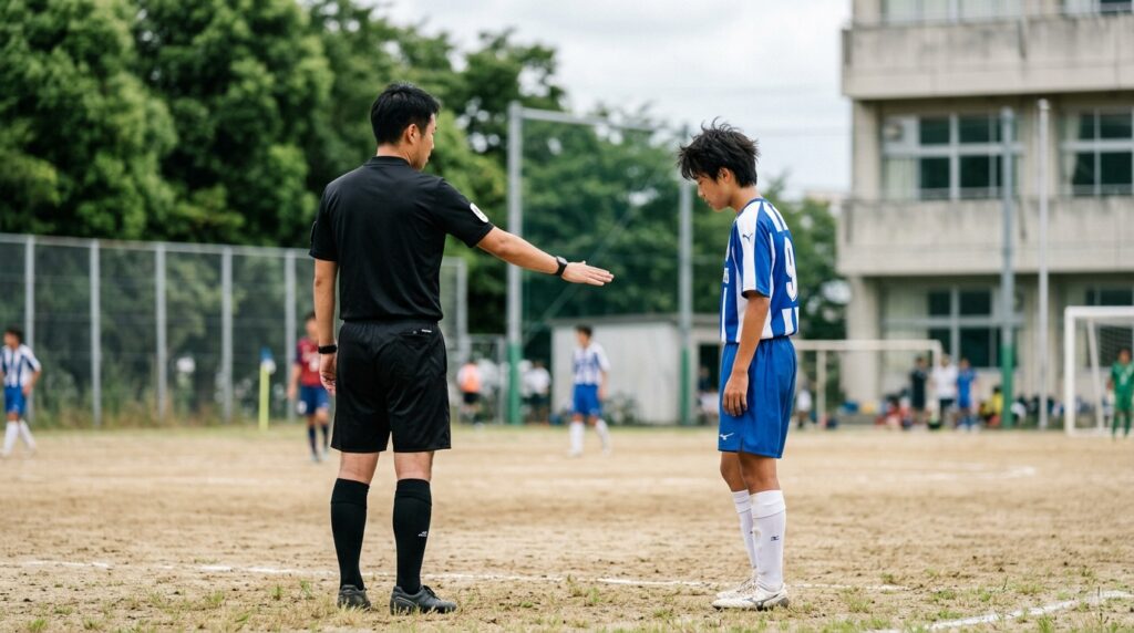 少年少女サッカーでオフサイドルールや審判の判定を表すイメージ画像