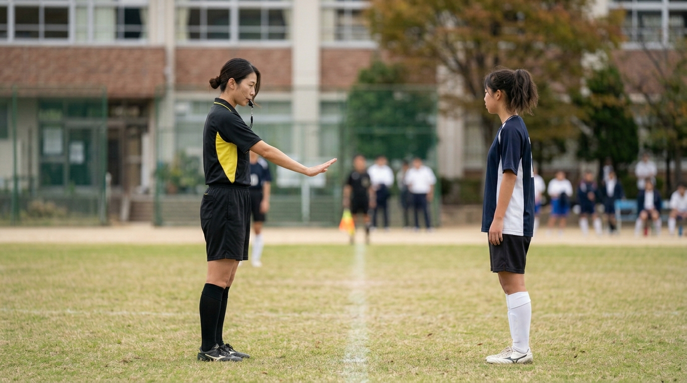 オフサイド 子供にわかりやすく覚えるため、練習でポジション確認を行う少女選手のイメージ画像