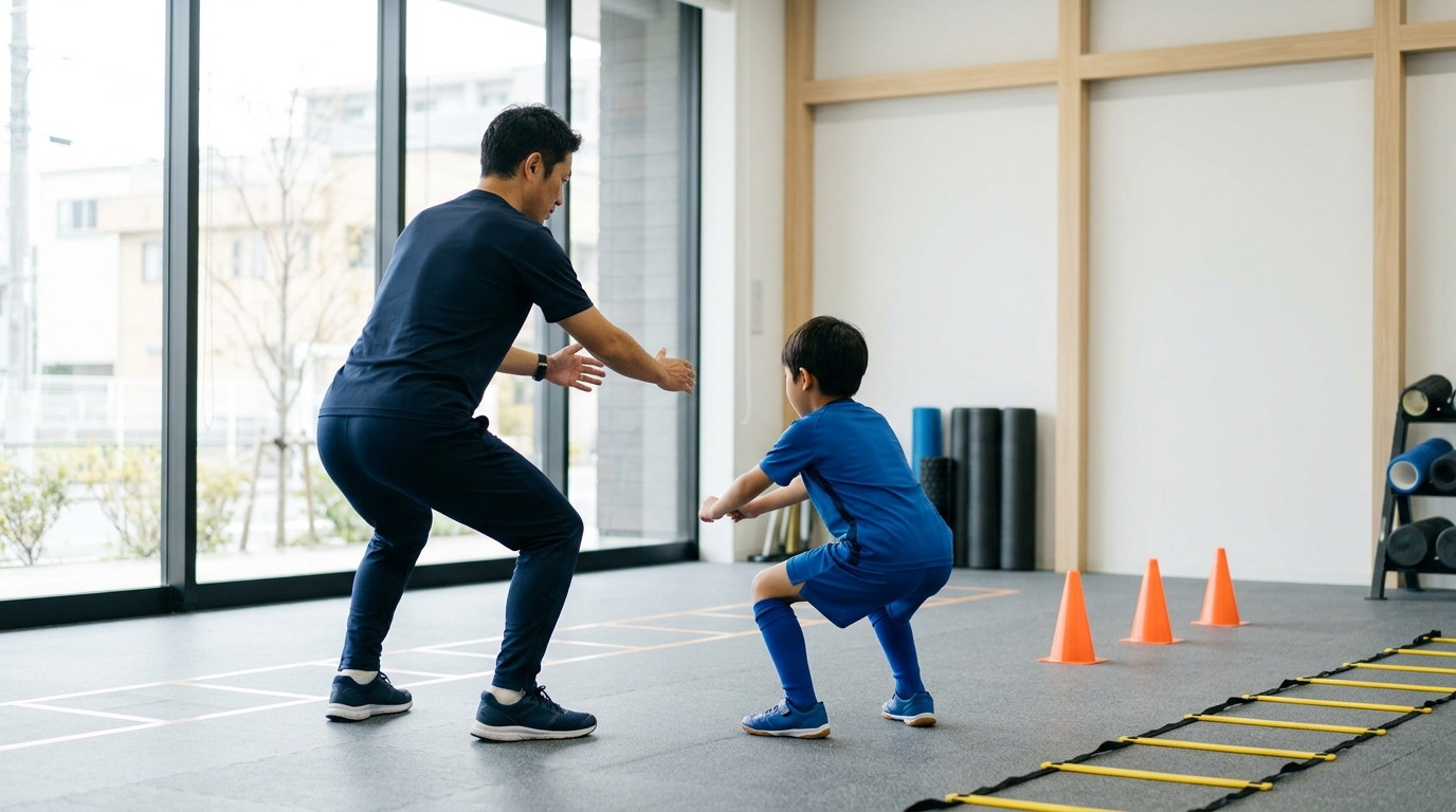 サッカー選手の筋トレ重量を学ぶため、少年がコーチの指導を受けながら無理のない負荷でトレーニングする様子を表すイメージ画像