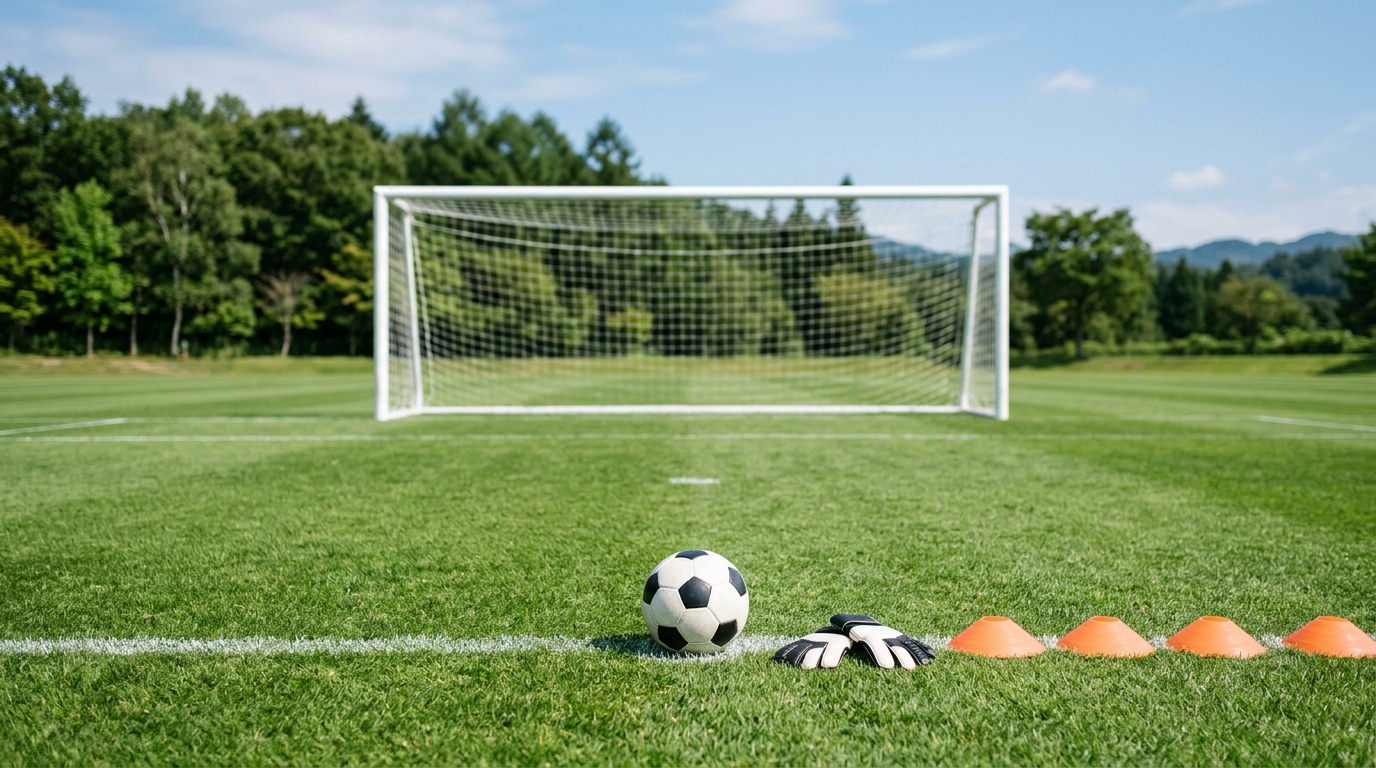 パントキックとは何かをイメージし、ゴール前のサッカーコートとボールが練習用に準備された様子を表すイメージ画像