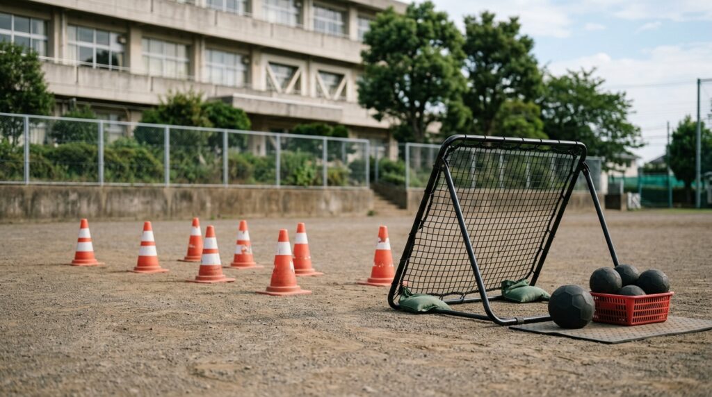 少年少女サッカーで黒いサッカースパイク選びや試合準備を表すイメージ画像