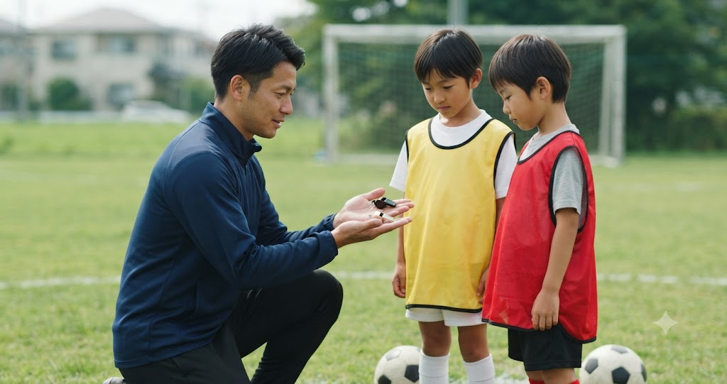 バルキーンとドルフィンの違いを確認しながら、少年少女サッカーで使うホイッスルを選ぶ男性審判を表すイメージ画像