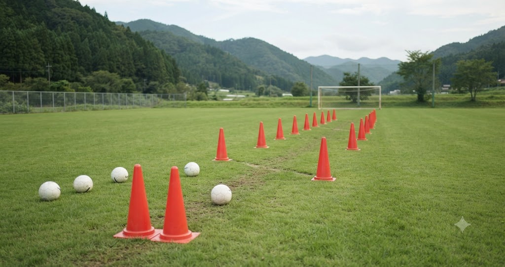 コーンを使うドリブル練習を表すイメージ画像