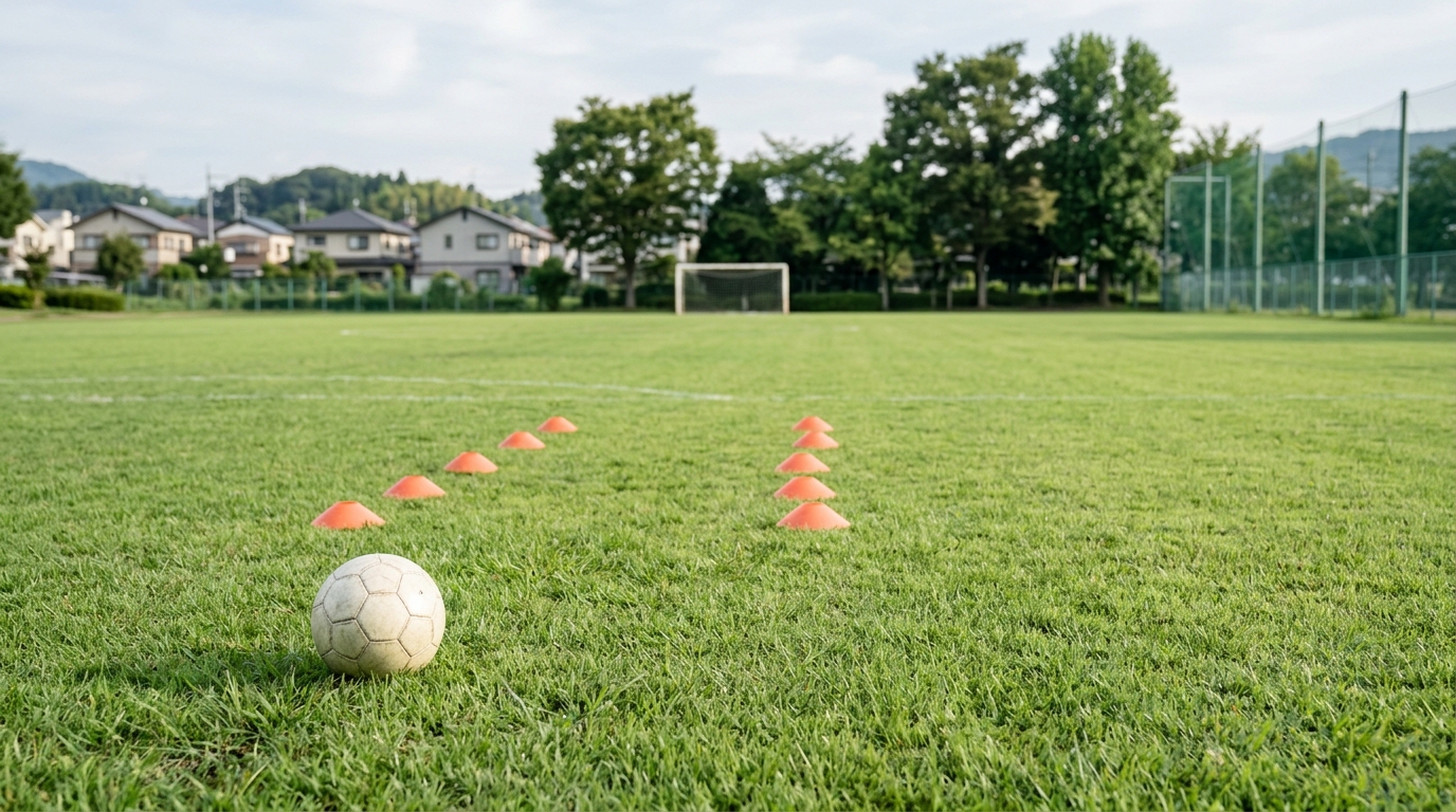サッカーセンスのある子は判断力に表れることを連想させる、練習用コートとボールが並ぶ競技環境を表すイメージ画像
