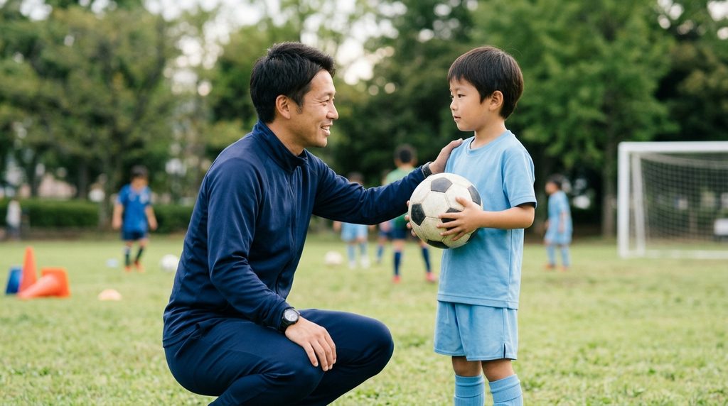 サッカーに向いてない子と感じる瞬間の特徴について、コーチが子どもを励ましながら成長を支える様子を表すイメージ画像