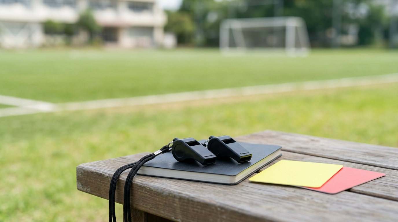 少年サッカー電子ホイッスルおすすめや大会で使用する審判用品、競技規則をイメージした備品を表すイメージ画像