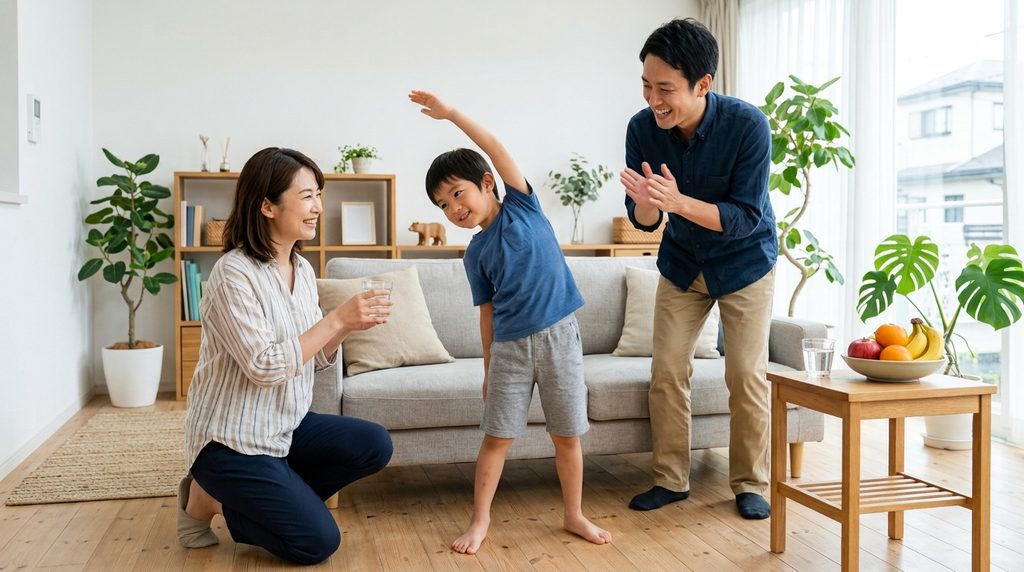 子どもの未来の身長は今から変わるというテーマで、生活習慣や成長を支える家庭環境を表すイメージ画像