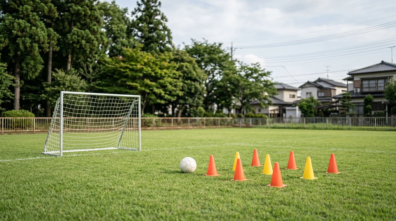 サッカーに向いてない子と感じる瞬間の特徴をテーマに、サッカーボールやグラウンド、練習用具が並ぶ環境を表すイメージ画像