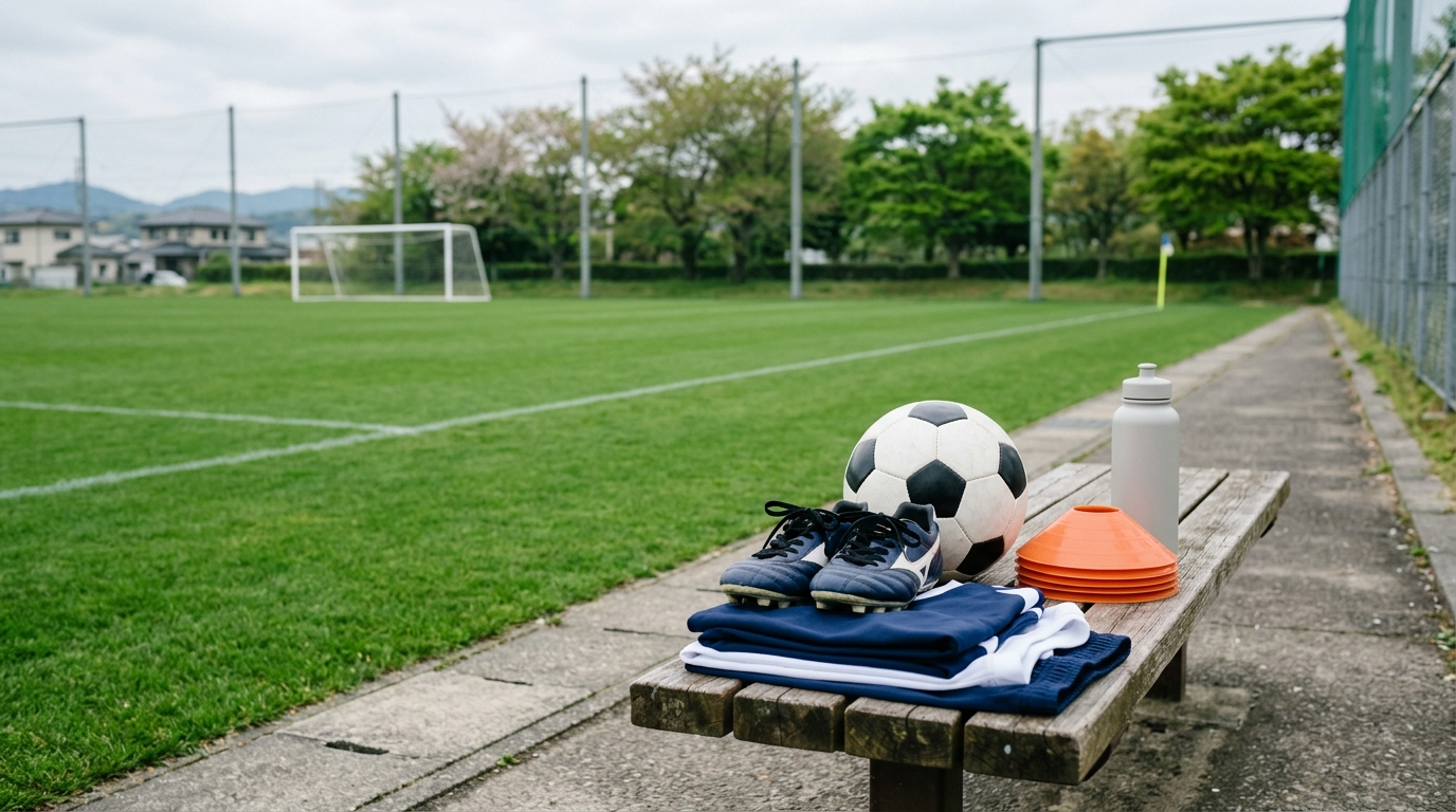 サッカー用品がグラウンドに並び、少年少女サッカーの練習環境や成長を支える日常を表すイメージ画像
