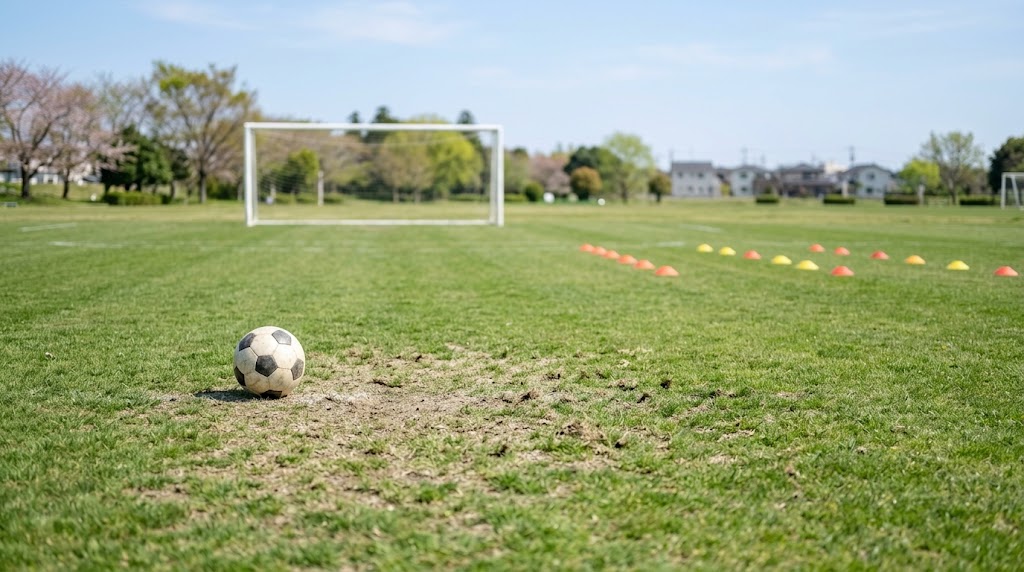 サッカーボールやコーンが並ぶグラウンドで、少年サッカーのスライディングルールをイメージできる様子を表すイメージ画像